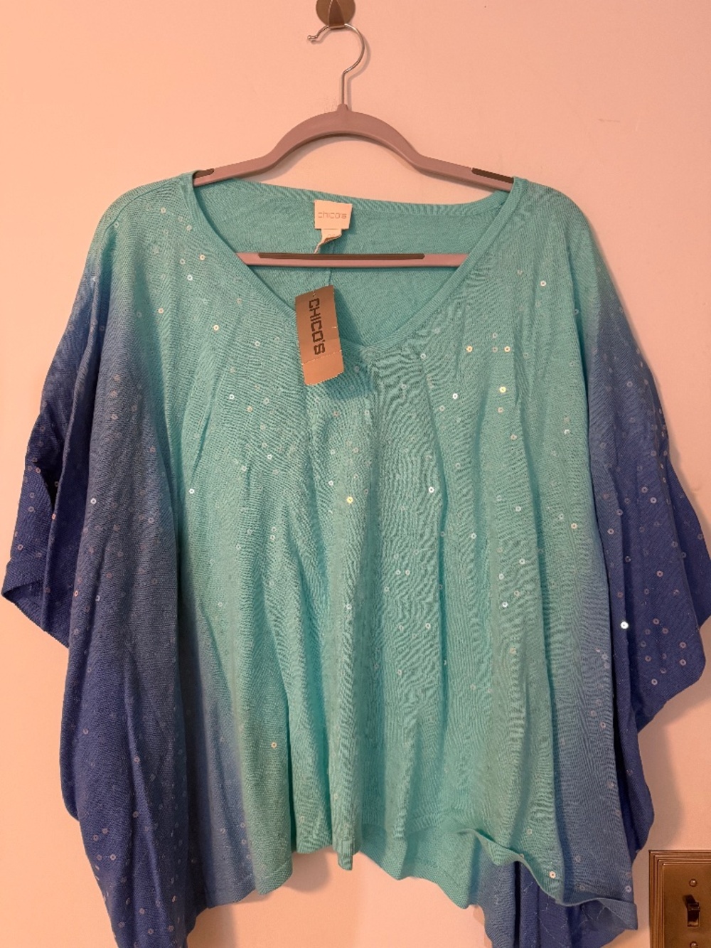 CHICOS Turquoise/Royal Cotton/Acrylic Sequins V Neck One Size